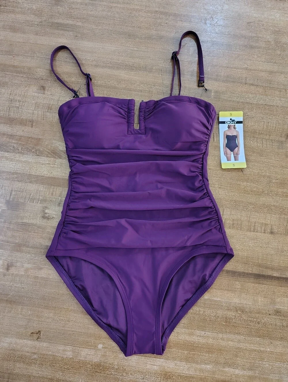 DKNY Adjustable Straps Ruched One-Piece Swimsuit Plum Purple EGGPLANT Purple - Picture 2 of 12